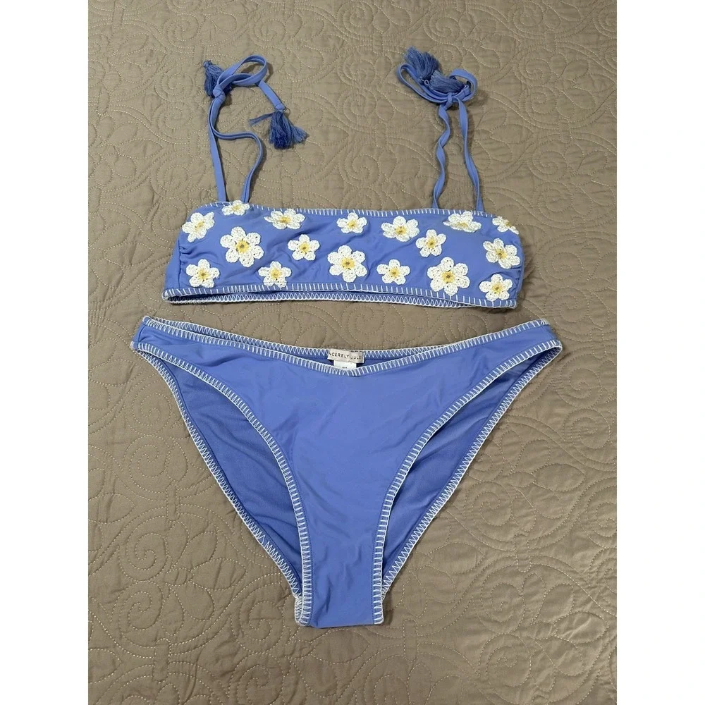 Sincerely June 2 Piece Swimsuit Blue With White Crochet Flowers Size XL NWOT